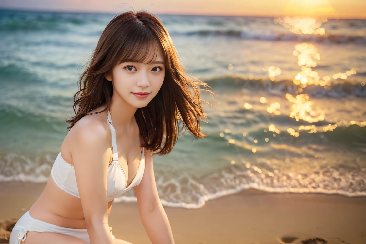 (((Sunset Beach in Hawaii)))、(((Orders from professional photographers、Sensual laughter and provocative poses)))、(((Best waist strap:1.2)))、(((Kneel)))、(Light brown eyes staring into the distance)、(((First Person Portrait)))、Detailed eyes, double eyelid、(((Thin white bikini)))、(((ASA Sensitivity 50 Camera Settings、Spring 85mm、 Opening 1.0)))、(((真っ白な股間に食い込むビキニ姿でKneel)))alone、(Realistic depiction)、(((Leave the facial expressions in the original image as they are)))、Photorealista、masterpiece、In 8K、High resolution、alone、More detailed faces、(Professional Lighting、Bokeh Depth of Field)、(Particles of light、Lens flare、Glowing particles:0.6)、(Dynamic Pose:1.2)、Soft lighting、Low angle view、((Beautiful sunset)) 、((Upward diagonal:1))、(Portrait:0.6)、(Maintains natural facial proportions)、(C Cup Big Chest)、 (Medium Hair)、Floating Hair、A seductive smile、Perfect Anatomy、solo:1.5、Are standing:1.5