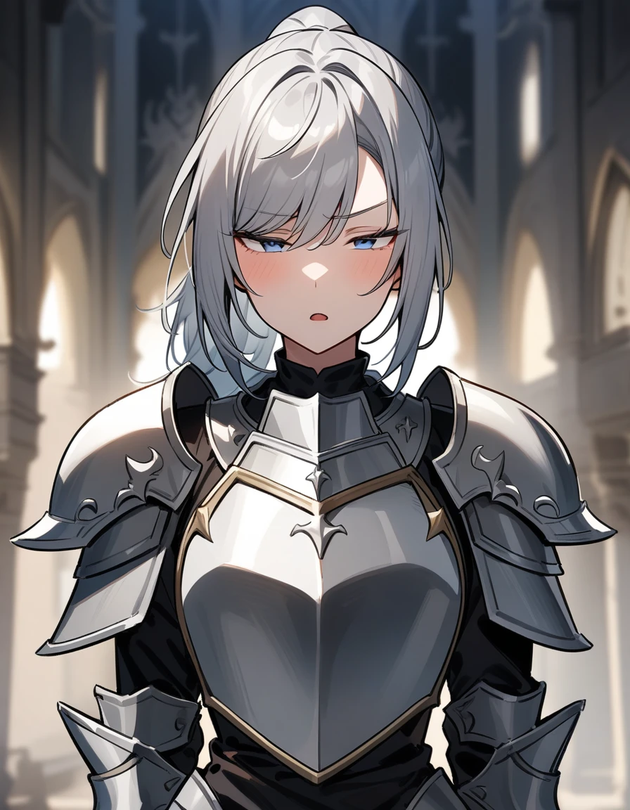 Beautiful girl knight in armor, Gray Hair, tsurime, fantastic, Face your body forward like a certificate photo, shoot from front, Ponytail, Armor Girl, beautiful female knight, Female Paladin, pale blue eyes, narrowed eyes squint, Talking mouth