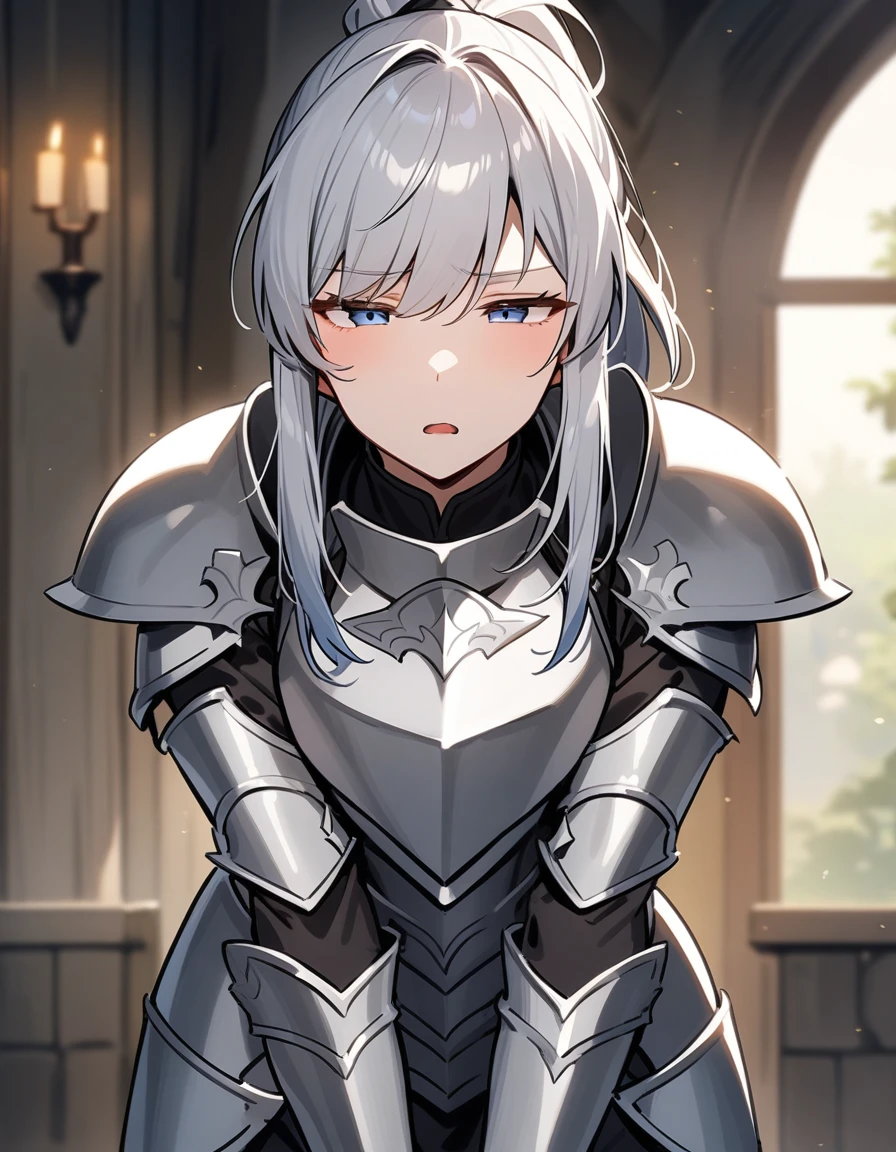 Beautiful girl knight in armor, Gray Hair, tsurime, fantastic, Face your body forward like a certificate photo, shoot from front, Ponytail, Armor Girl, beautiful female knight, Female Paladin, pale blue eyes, narrowed eyes squint, Talking mouth