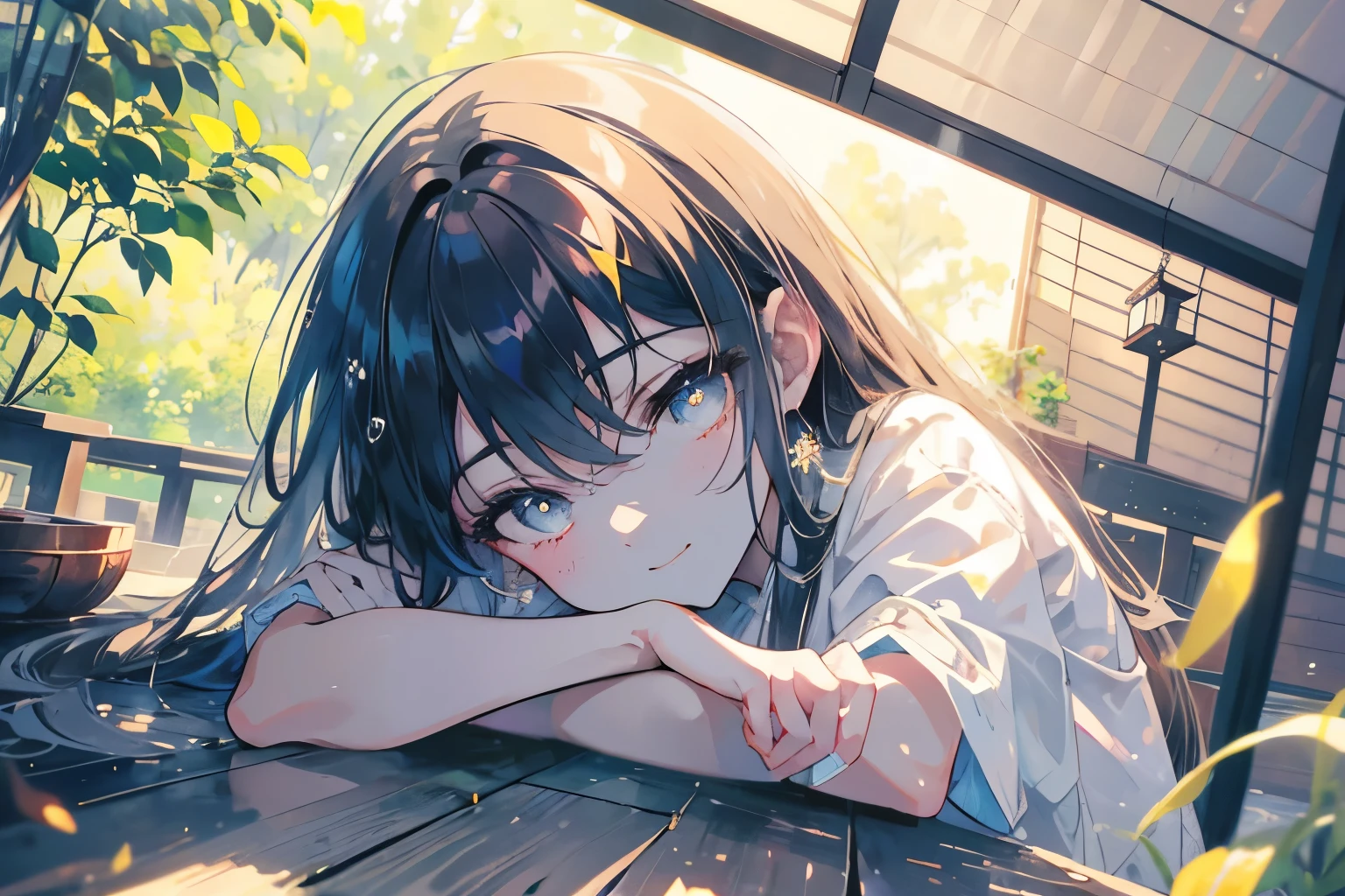 Create exquisite illustrations reminiscent of Makoto Shinkai's style, It has ultra-fine details and top-notch quality. Create a high-quality illustration depicting a beautiful girl relaxing on the veranda of a traditional Japanese house during summer, listening to the sound of wind chimes. The scene should evoke a sense of nostalgia and tranquility, with intricate details and a dreamy atmosphere. The girl's features should be beautifully rendered, capturing her serene and content expression. The veranda should include elements like wooden flooring, traditional sliding doors, and the gentle sway of wind chimes. The warm summer light should cast a soft glow over the scene, enhancing the nostalgic and peaceful feel. Every element should be meticulously crafted to immerse the viewer in a nostalgic and enchanting summer moment. best quality, masterpiece, expressive eyes, gorgeous, vivid, perfect face, smile, happyness, 2eyes, emotion, detailed pupils, vivid pupils,stunning, life, relfection, peace, warm, compsition, artistic, 4k, wallpaper, bonnet, wind, glowing eyes