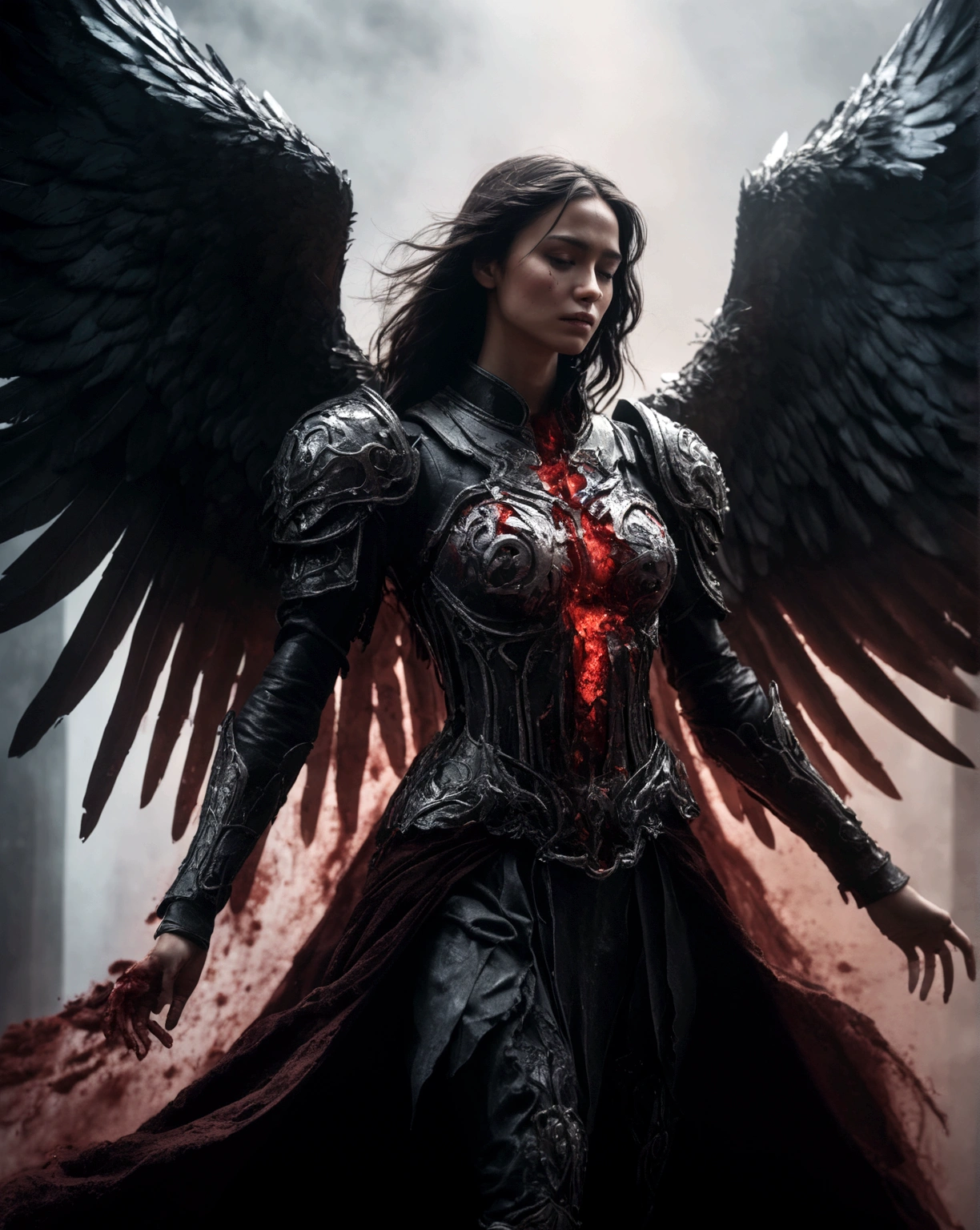 a broken wings angel (broken wings 1.5)bloody wings (bloody1.2)kneel down, ethereal, fog surrounded, broken armor(accurate 1.2), broken sword, dark dimension, photo cinematic, motion blur, 8k, superdetailed