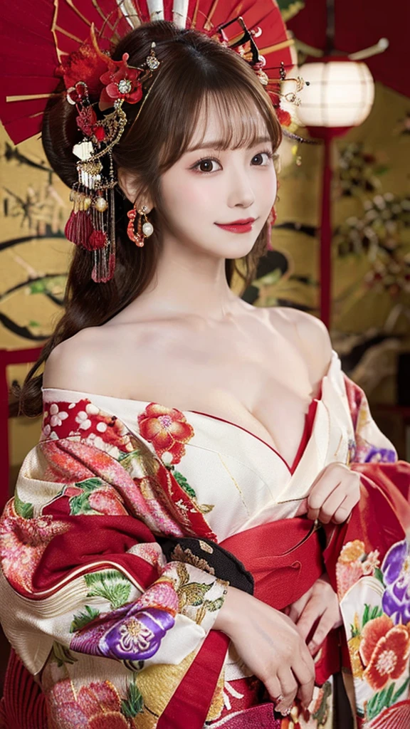 (Detailed skin:1.2),(Shiny skin:1.1),8K,Highest quality, masterpiece, Ultra-high resolution,(Realistic:1.4), RAW Photos,(Soft saturation:1.3),(Fair skin:1.2),Half-Japanese beauty,repair,20 years, Light brown hair, (Up-Hairstyles:1.2), Asymmetrical Hair, (Pretty face:1.4), (Large , Tight waist), Beautiful lighting, (Sexy Oi:1.2,),Highly detailed face, Highly detailed lips, fine grain, double eyelid, (Sharp focus: 1.2), (Perfect Anatomy),(Beautiful woman with perfect figure: 1.2)、Exposing cleavage、Rxy poses,(Accente your leg lines:1.2)、kimono、Sharp Eyes,A seductive smile、Gorgeous hair ornament、Japanese style background