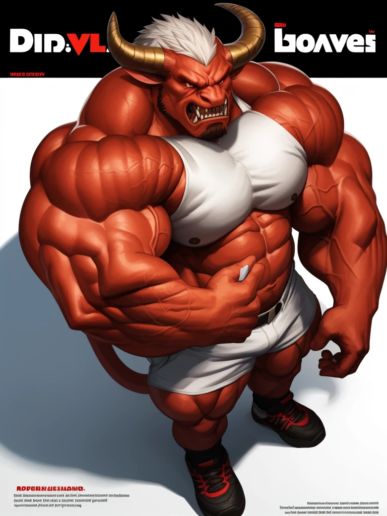 Magazine cover. solo, 1boy, perfect anatomy,devil, drone view, red skin, high shoot, up view, perfect proportion, huge horn, sharp teeth, tusk, sharp eyes, big eyes, angry, devil eyes, horn, devil tail, mad, perfect fingers, big hand, fingers. Huge Muscular Old man with short hair, shoes ,(white shorts), view from side, pectoral, thick arms, huge pectoral, wide pectoral, white hair, white beards, simple background, masterpiece, semirealistic:1.2, high detailed, 8k, high resolution, perfect center, full view. ((really big muscle, massive muscular, sixpack, thick arms, wide pectoral, super huge muscle, hyper muscular, over sized muscle, huge arms, big arms, huge pectoral))