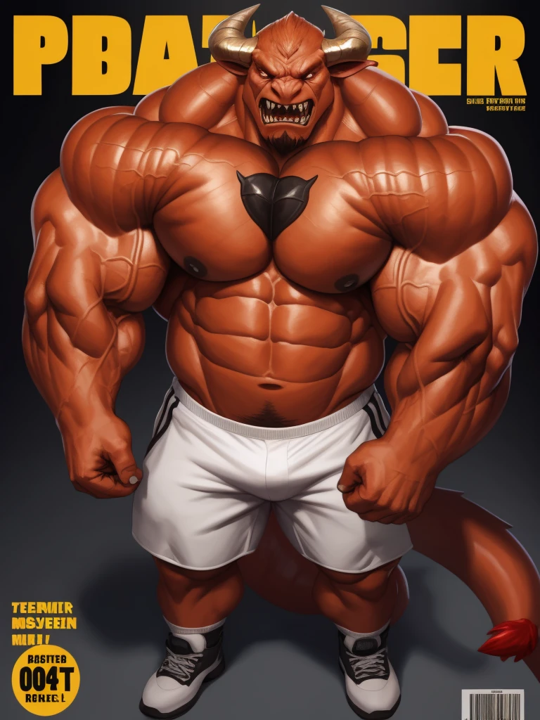 Magazine cover. solo, 1boy, perfect anatomy,devil, drone view, red skin, high shoot, up view, perfect proportion, huge horn, sharp teeth, tusk, sharp eyes, big eyes, angry, devil eyes, horn, devil tail, mad, perfect fingers, big hand, fingers. Huge Muscular Old man with short hair, shoes ,(white shorts), view from side, pectoral, thick arms, huge pectoral, wide pectoral, white hair, white beards, simple background, masterpiece, semirealistic:1.2, high detailed, 8k, high resolution, perfect center, full view. ((really big muscle, massive muscular, sixpack, thick arms, wide pectoral, super huge muscle, hyper muscular, over sized muscle, huge arms, big arms, huge pectoral))