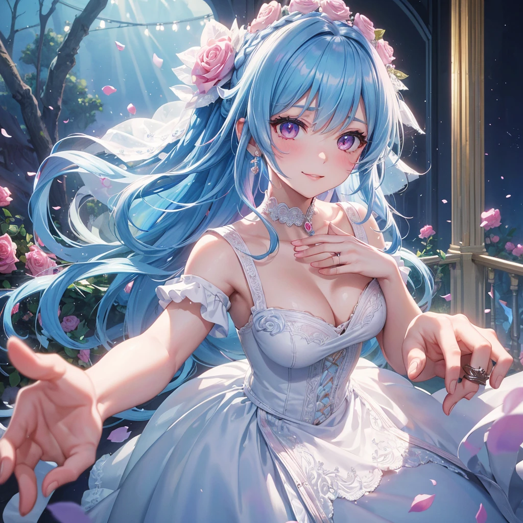 Sky blue hair, (One braided ponytail),(Pink Eyes),Fair skin ,(whole body),(One girl),bride,A big smile,Straight bangs, 6月のbride,Wedding dress,(masterpiece, Highest quality, Very detailed, Best Shadow), (Detailed Background), (Beautifully detailed face), High Contrast, (Best lighting, Very delicate and beautiful), ((Cinematic Light)), colorful, Hyper Detail, Dramatic Light, Intricate details,Chapel background,A bouquet of roses in the right hand,Ring on left ring finger,