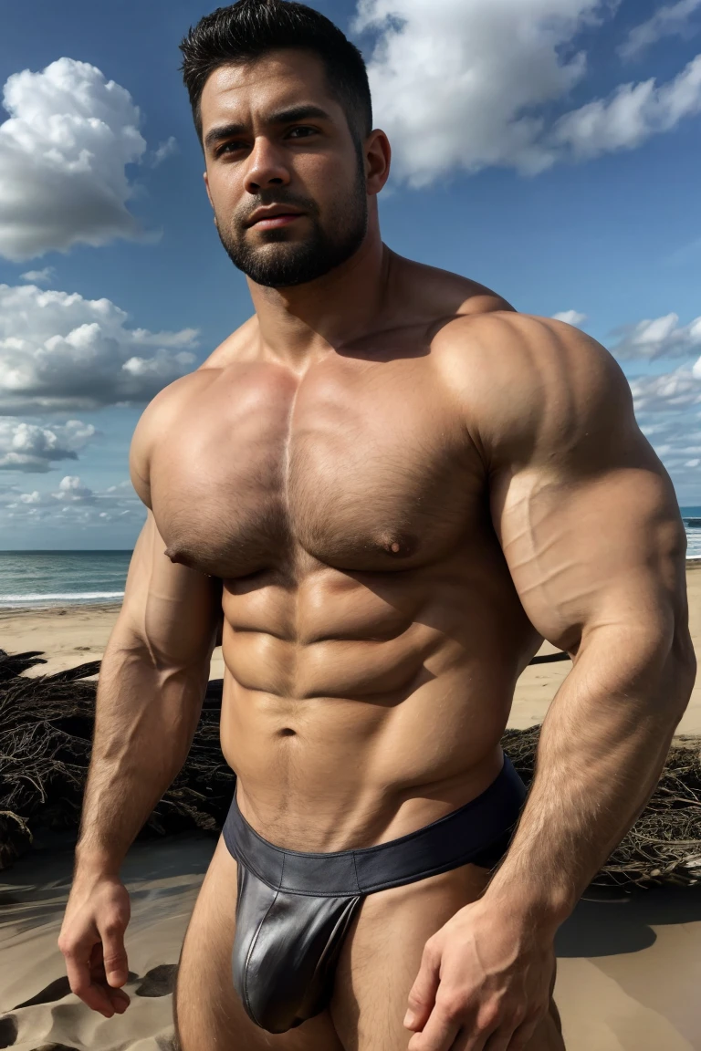 Ultra wide angle,(Medium shot of two handsome guys),twin,Male love,plump breasts,swelling of chest muscles,Full chest muscles,swelling of chest muscles,Sweat,Skin is moisturized and shiny,(face slimming),small head,short hair,beard,Sexy and charming expression,gloomy eyes,blue eyes,Naughty and cool,Handsome and cool guy, (Topless), ultra thin pantyhose,Big bag highlights,(Full chest muscles),(breast muscle swelling),Chest and belly hair,Topless,Skin smooth and hydrated,fiery, Super Sexy, Behind him is the sea, standing on a sandy beach by the ocean,There are flying fish and dolphins in the water,of a Topless, member, Very sexy,Blue sky and white clouds, member, looks hot, Strong smoldering, Attractive and good looking, 30 years old, Attractive man, sexy masculine, 8k reality, Ultra-detailed photos, Bulger j8,Perfect hand details,Perfect facial details