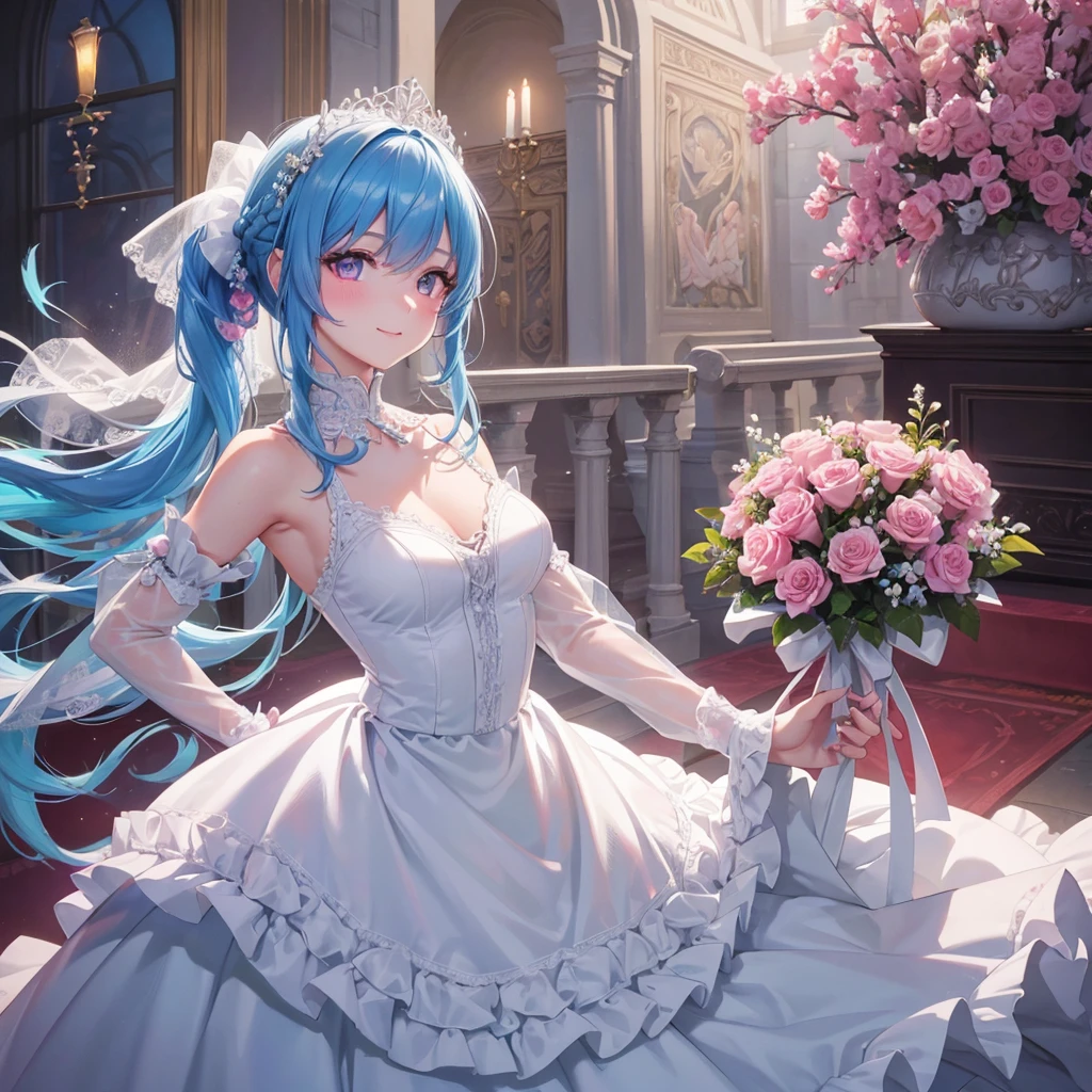 Sky blue hair, (One braided ponytail),(Pink Eyes),Fair skin ,(whole body),(One girl),bride,A big smile,Straight bangs, 6月のbride,Wedding dress,(masterpiece, Highest quality, Very detailed, Best Shadow), (Detailed Background), (Beautifully detailed face), High Contrast, (Best lighting, Very delicate and beautiful), ((Cinematic Light)), colorful, Hyper Detail, Dramatic Light, Intricate details,Chapel background,A bouquet of roses in the right hand,Ring on left ring finger,