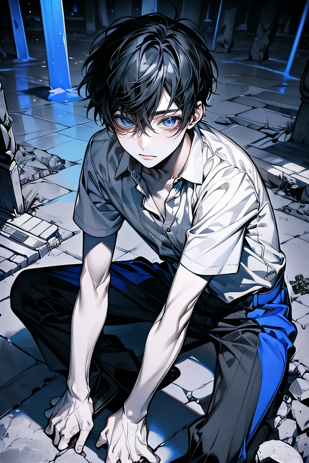 ((A ruined city full of rubble)),(After the war),((Vast landscape covered with rubble)),(A boy wearing a white shirt),((black hair)),(Lifeless eyes),((sit down，Place your knees on the ground on both sides)),((Look up at me)),(Mouth sLightly open),((blue eyes)),((monochrome world)),((Black,grey,Light)),)(View from directly above)),(Sharp eye Light),(((Adult male))),Face clarity，The white of the eye is distinct，Five fingers，juvenile，Chu Chu pitiful，short hair，blue hair accessories，blue tint，crystal