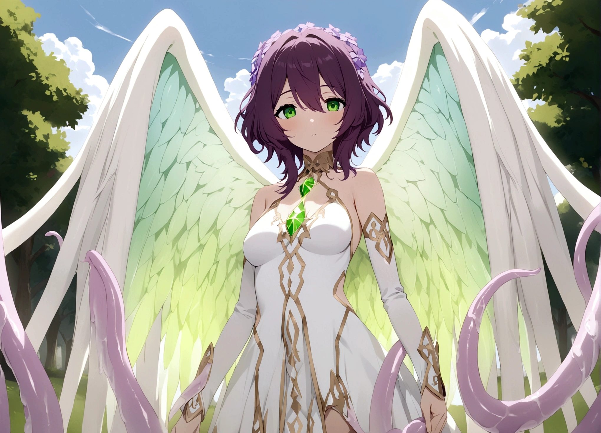 A eldritch angel (central body of a violet lion, 6 pairs of radiant crystal wings, numerous white tentacle eyestalks with neon green eyes) has appeared in a holy corona and approaching the viewer set in a park in daytime
