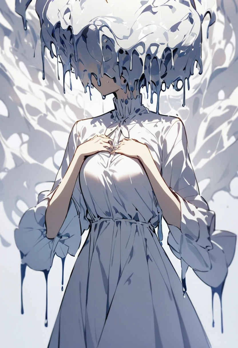 A woman with a liquid upper body、 My head is melting, Liquid Head, alone,stop temporarily, whole body, blouse,Pure white room、Place your hands on your chest