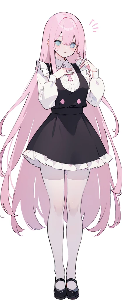 (((Long pinky Beautiful Hair))),pink hair,kawai,(((Eyes visible from bangs,hair over eyes:1.3))),,Huge breasts,(dark black color eyes),,(depression black darkslanted eyes),1girl in,bangs,long CYAN  hair, pantyhose,Cowboy Shot,white background,short hair,smiled,(wearing pink maid clothes), (maid dress type must have a perfect pink vest), Bangs should be long to the tip of the chin(((Standing pose facing to the right side free hand pose))), white background, Perfect arm fingers,,, 1 girl, ((The image must match the tag)) Bangs almost cover the eyes full body (The character's entire body from top to bottom is completely visible) (The character's entire body is visible from head to toe) wearing shiny pink shoes (full body image full body image) full body image full body image) white background, Long slim legs