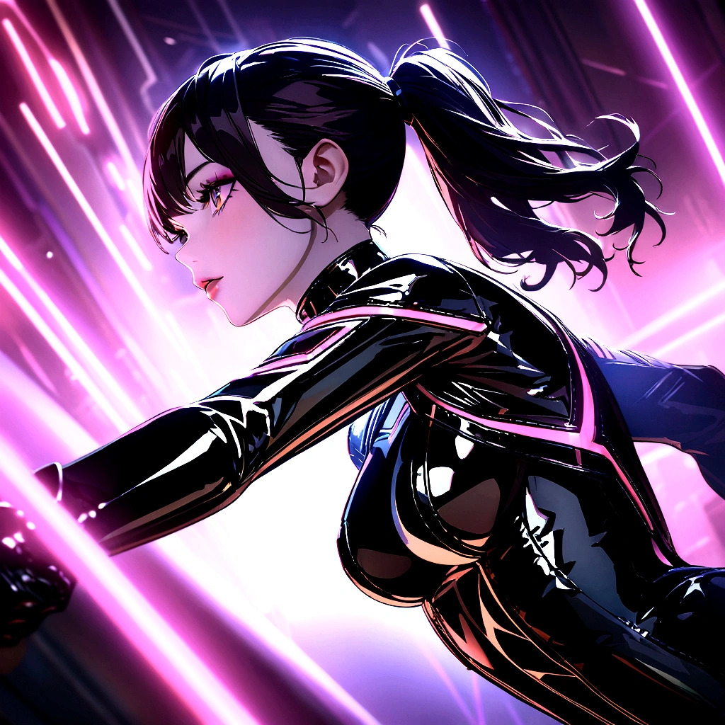 
solo, super fine photo, portrait Unreal Engine 5 8K UHD of beautiful and cute girl, ponytail hair, dark red and black color scheme tight cybernetic latex catsuit, black long leather jacket outwear, cybernetic glove, futuristic design, crimson neon lights details, beautiful make up, luxurious, best quality, masterpiece, official art, unified 8k wallpaper, super detailed, sharp focus, dynamic pose, body parts