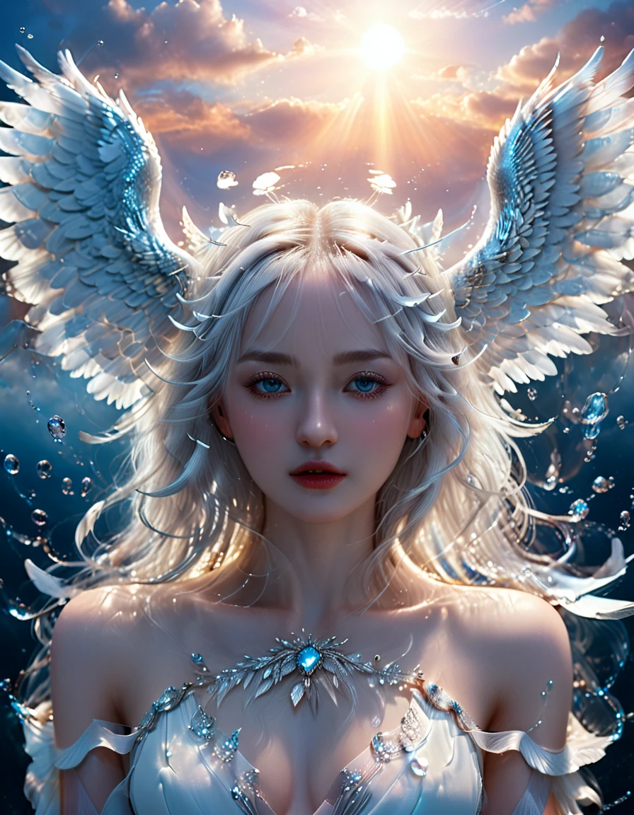 (half Body Image: 2.0),Beautiful young angel with long white hair and wearing a sheer white robe,(Large angelic wings spread: 1.7),Angel with porcelain-like ethereal skin, floating in the air, shot from below emerging from the clouds with a stunning sunset sky in the background,(Highest Quality, 4k, 8k, High Resolution, Masterpiece: 1.2),Ultra Detailed,(Realistic, Photorealistic, Photorealistic: 1.37),Detailed face, Detailed eyes, Detailed lips, Highly detailed facial features, Porcelain skin, Dramatic lighting, Dramatic sky, Cinematic, Fantasy, Digital art, Exquisite details, Graceful, Heavenly, ice and water,ice,water,water ring