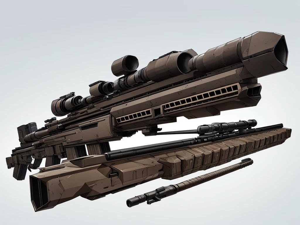 Illustration of a large sniper rifle arranged like concept art of a weapon on a white background