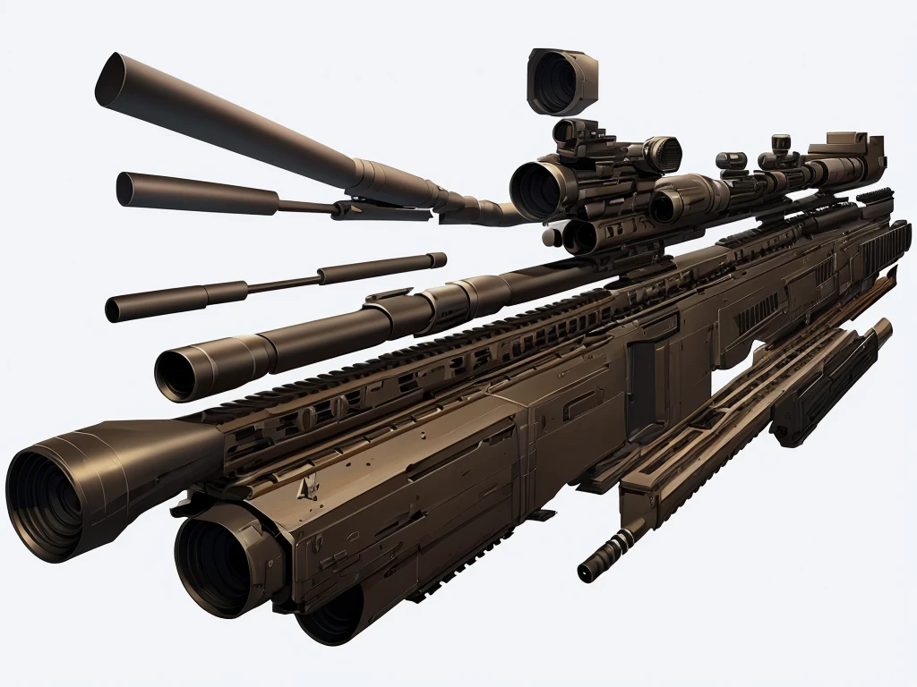 Illustration of a large sniper rifle arranged like concept art of a weapon on a white background