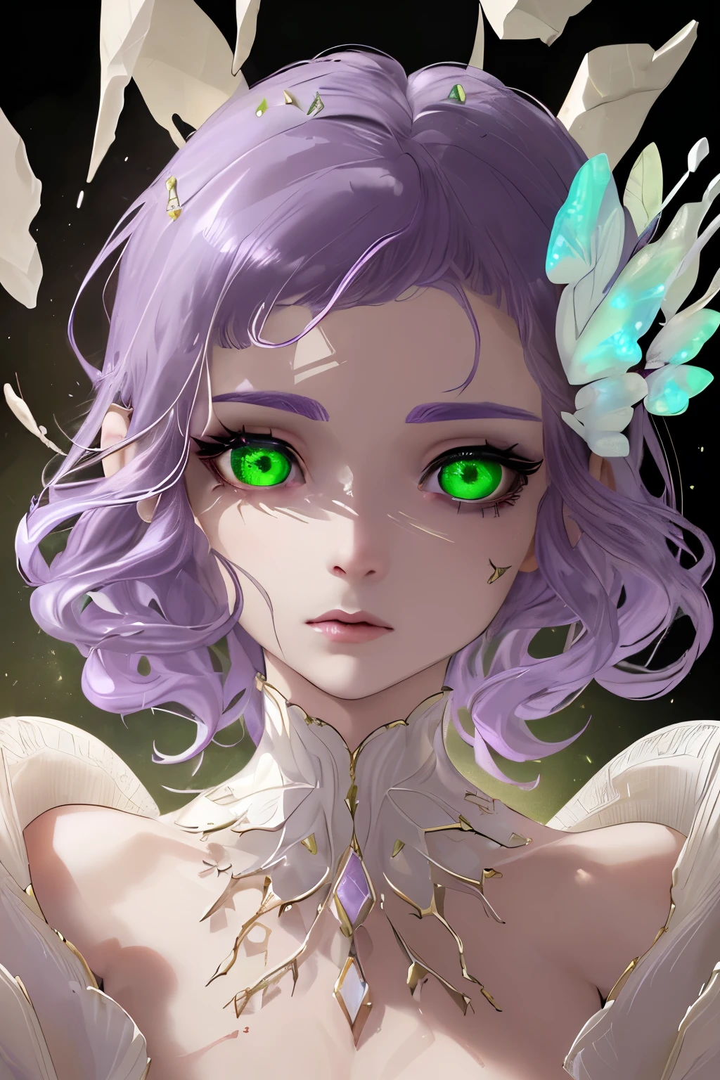 face-up, portrait, best quality, super fine, 16k, incredibly absurdres, extremely detailed, 2.5D, delicate and dynamic, beautiful woman, shining iridescent pupils, empty green eyes, ivory messy wavy short hair, purple hair, forehead, captivating look, aroused expression, great effects, backgrounds destruction