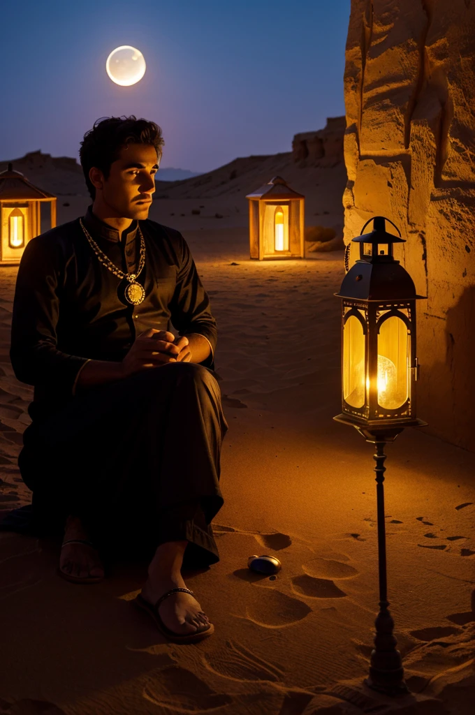 A guy from his palace in desert seeing moon
Behind of him there's is a lantern some perfume bottles have been kept