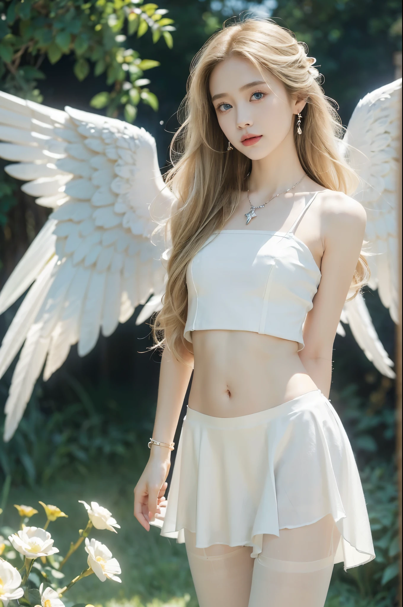 (((best quality))), (((ultra detailed))), (((masterpiece))), illustration,((1 beautiful little girl,solo,angel)),((fair skin,shoulder length straight blonde hair,blue eyes)),(earrings,crystal necklace),((slim,thin,small breasts,flat chest)),joyful expression,(white wings:1.3),(flowing short-sleeved white sheer dress:1.3),((In heaven, garden setting)), vibrant flowers,(colorful flowers:1.3),lush grass, gentle breeze, (clear sky, fluffy clouds, shining sun),((navel)),((from front,standing,upper body,arms behind back)),((pantyhose))
