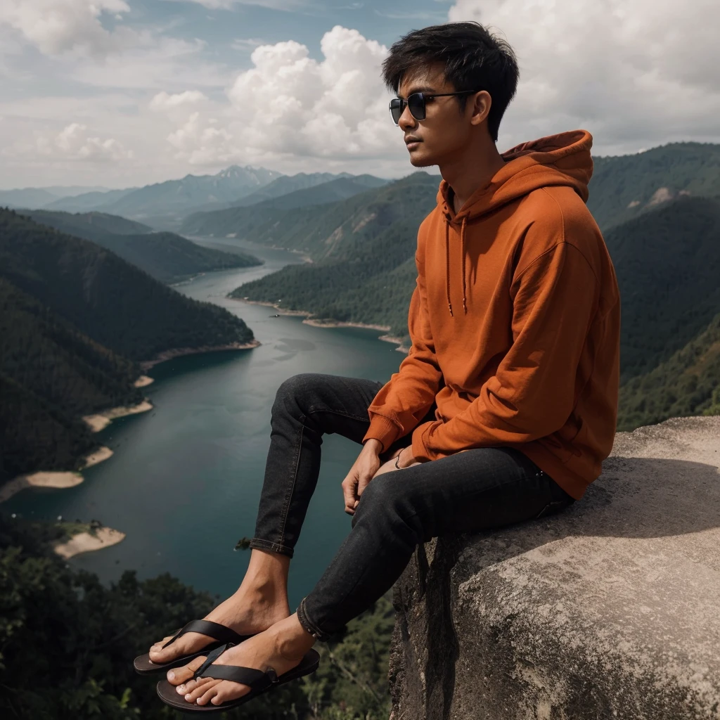 realistic photo,drone camera, a man with a native Indonesian face, 25 years old, oval face, short side parted hair style, very thin body, sun glasses, wearing an orange hoodie, wearing black trousers, wearing black flip flops, looks hanging using a rope tied to a dry tree with only twigs left, the atmosphere on a steep cliff