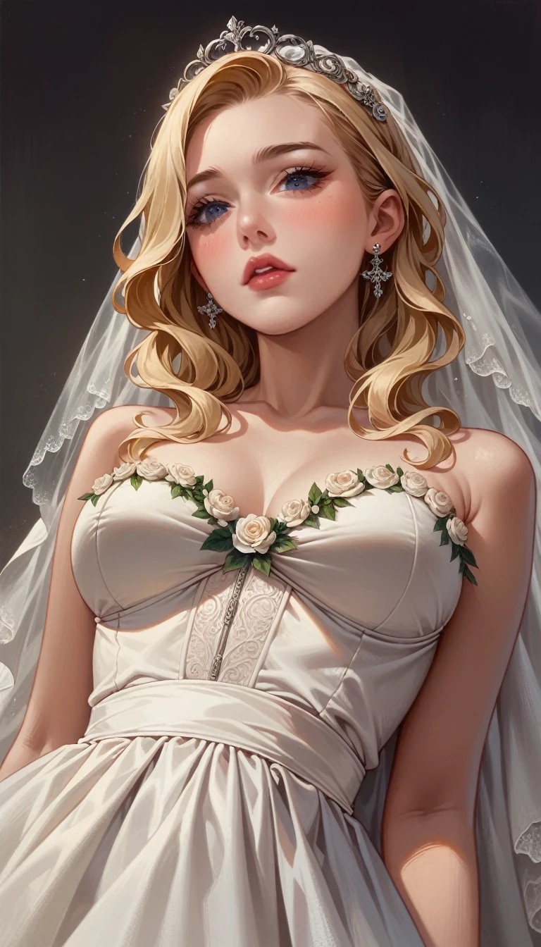 woman looking down (close up of a beautiful blonde bride lower angle )hyperrealistic art cinematic film still lower angle photography in the style of detailed hyperrealism photoshoot . () Extremely high-resolution details, photographic, realism pushed to extreme, fine texture, incredibly,
