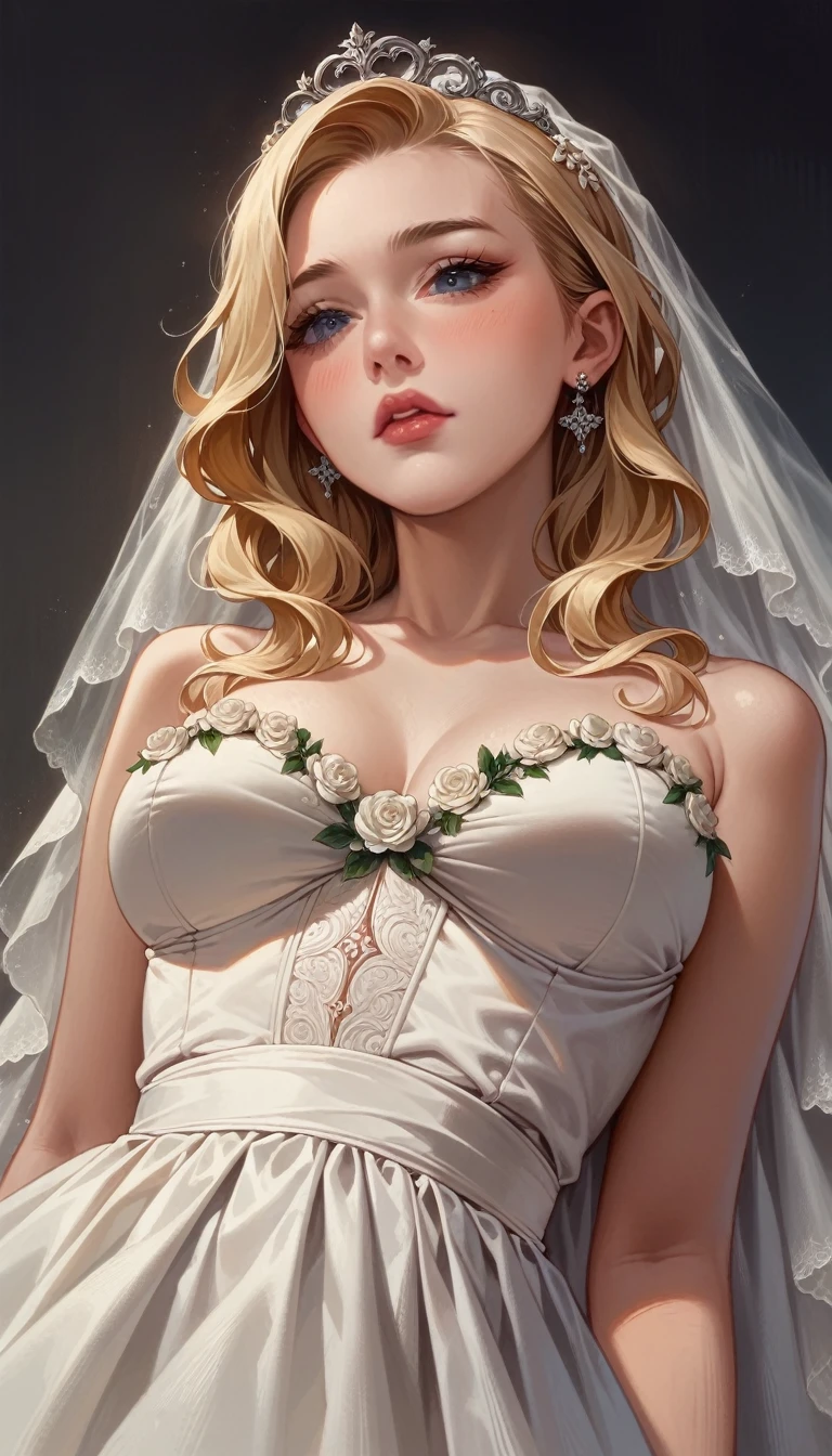 woman looking down (close up of a beautiful blonde bride lower angle )hyperrealistic art cinematic film still lower angle photography in the style of detailed hyperrealism photoshoot . () Extremely high-resolution details, photographic, realism pushed to extreme, fine texture, incredibly,
