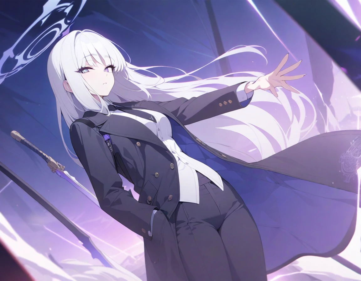(Highest quality), (High resolution), (masterpiece), (Super detailed), (Highest quality), (High resolution), (masterpiece), (Super detailed), (Bright saturation), Thigh-length hair, White Hair, Heterogeneous eyes: purple left eye and blue right eye, Blue Archive Art Style, One girl, Swinging a black sword in his right hand, Left hand in pocket,  girl, (Black long coat, White shirt, Black tie, Black trousers, suit,) whole body, Countless swords of light are stuck in the ground., Magic circle in the background, Expressionless, Vivid saturation, Black halo