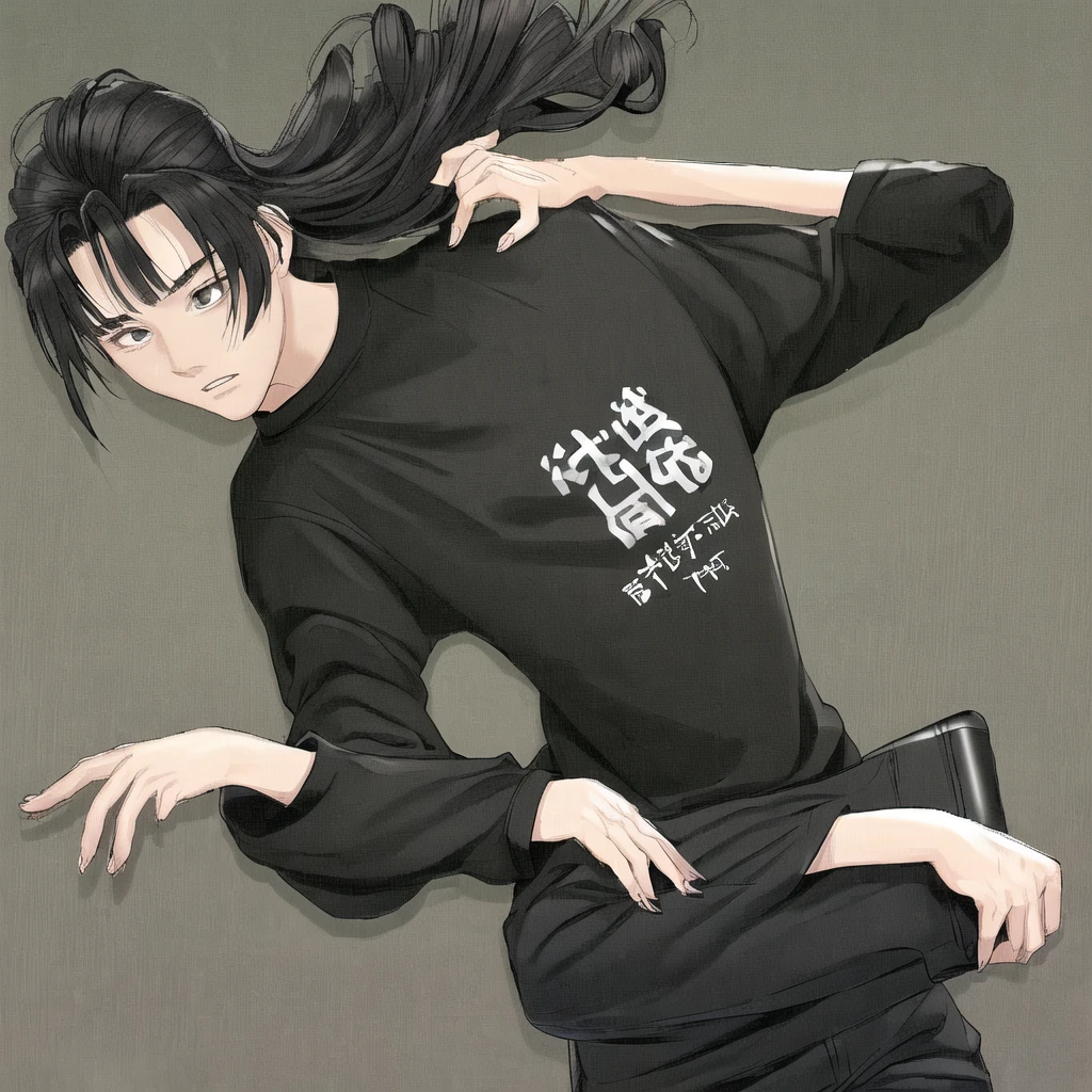 A 16 year old. black long sleeve t-shirt. Hair a little big and full. 