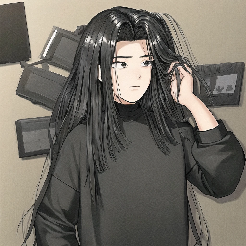 A 16 year old. black long sleeve t-shirt. Hair a little big and full.