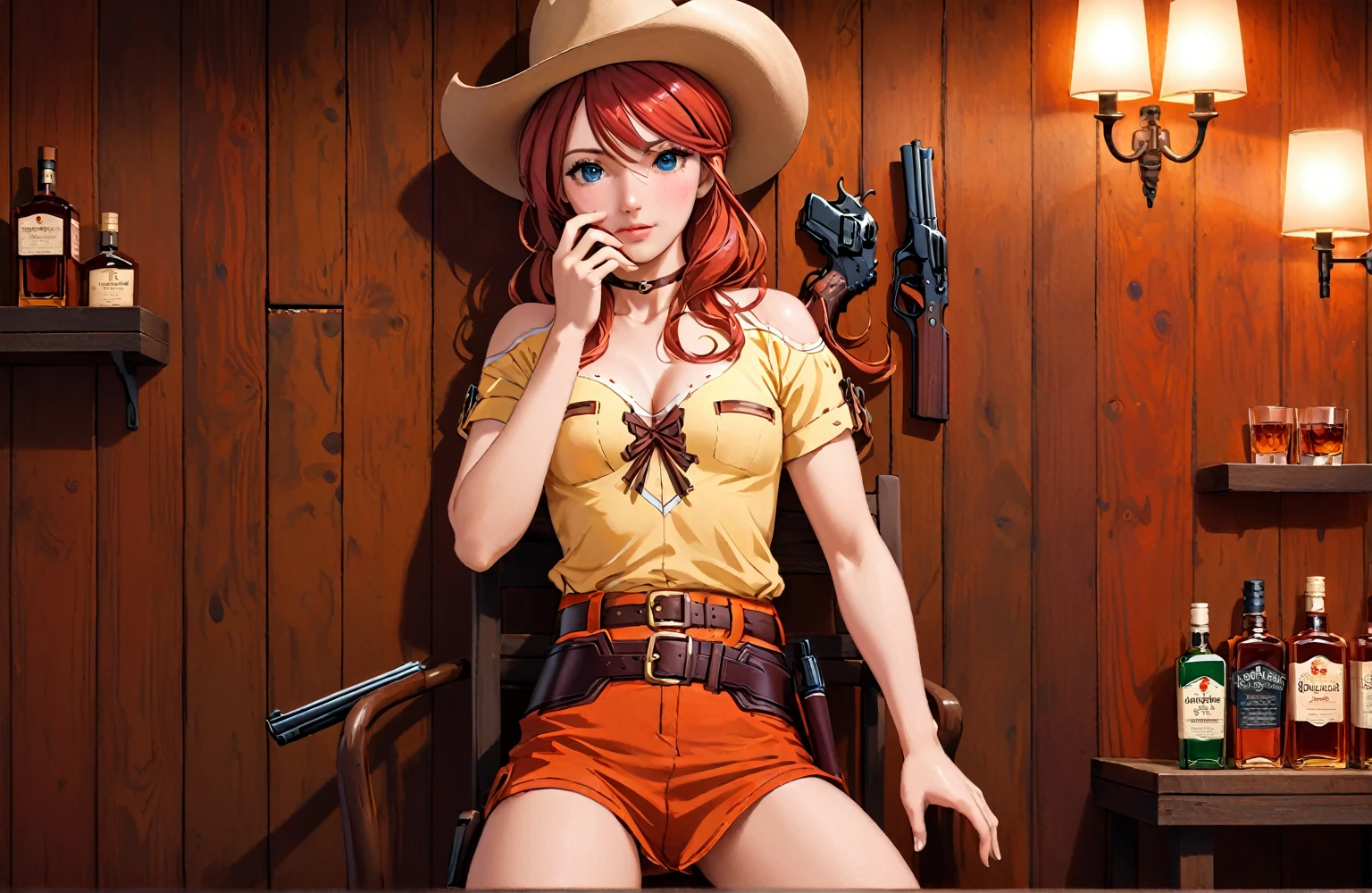 (((1 person:2.0))),((Gemini.Sunrise:1.5)))(((Wearing a gun belt with a holster:1.8))),,((Wear a wrist watch:1.5))),(((Showing cleavage))),(((Exposed thin inner thighs))),(((Small breasts:1.5))),(((Bare arms))),(((Wearing boots:1.5))),((Blushed face:1.8)), Beautiful detailed girl, Very detailed目と顔, 緻密でBeautiful Eyes, Very detailed, High resolution, Highest quality, masterpiece, Very detailed, 8k wallpaper, wonderful, finely, Highest quality,(Standing in front of a wooden wall),Beautiful Eyes,((Engage your audience:1.5)),((Cowboy Shot:1.5))),((Front shot:1.2)),((Put your right hand on your chest:1.5)),((Drinking whiskey:1.4)),(((Drunk,Crying hard:1.0))),(((Straddling a chair:1.2)))