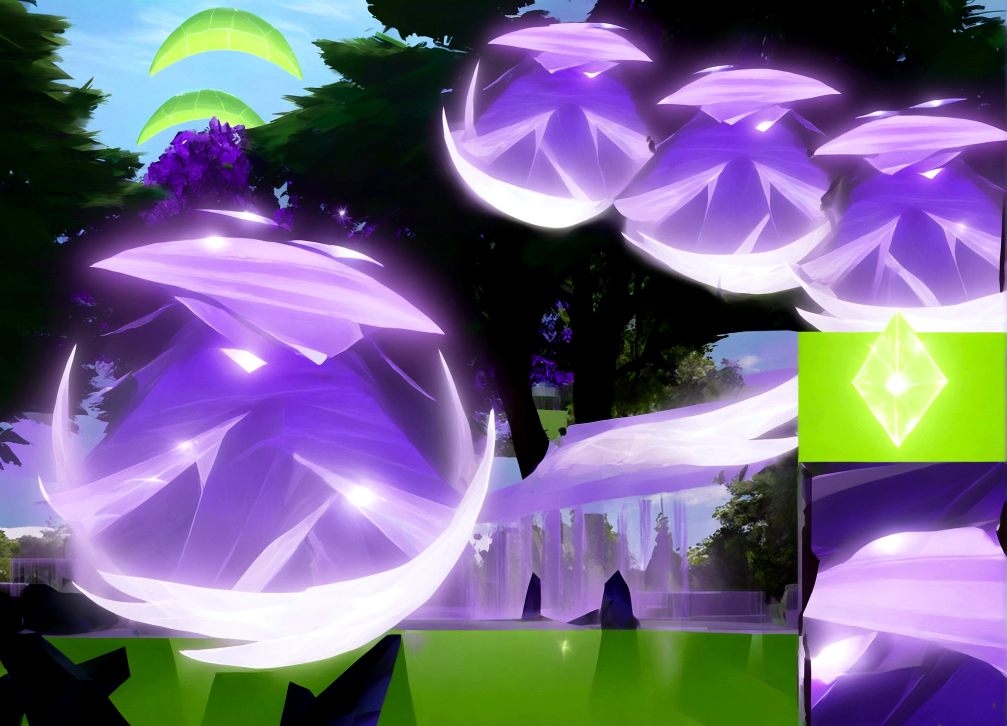 A eldritch angel (central body of a violet lion, 6 pairs of radiant crystal wings, numerous white tentacle eyestalks with neon green eyes) has appeared in a holy corona and approaching the viewer set in a park in daytime