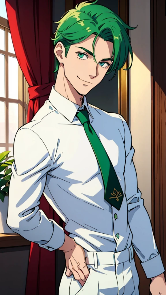 Boy 
eyes : Green ( mesmerising) 
hair :(white)
height : 6 foot 3 inches
handsome.very handsome 
carefree.
somewhat like a playboy
age - 19
intellegent  
girls swoon over him
can make any girl fall just by looking
*smiling*
White shirt and a red tie , sleeves folded up
Back trousers 
Still a bit skinny