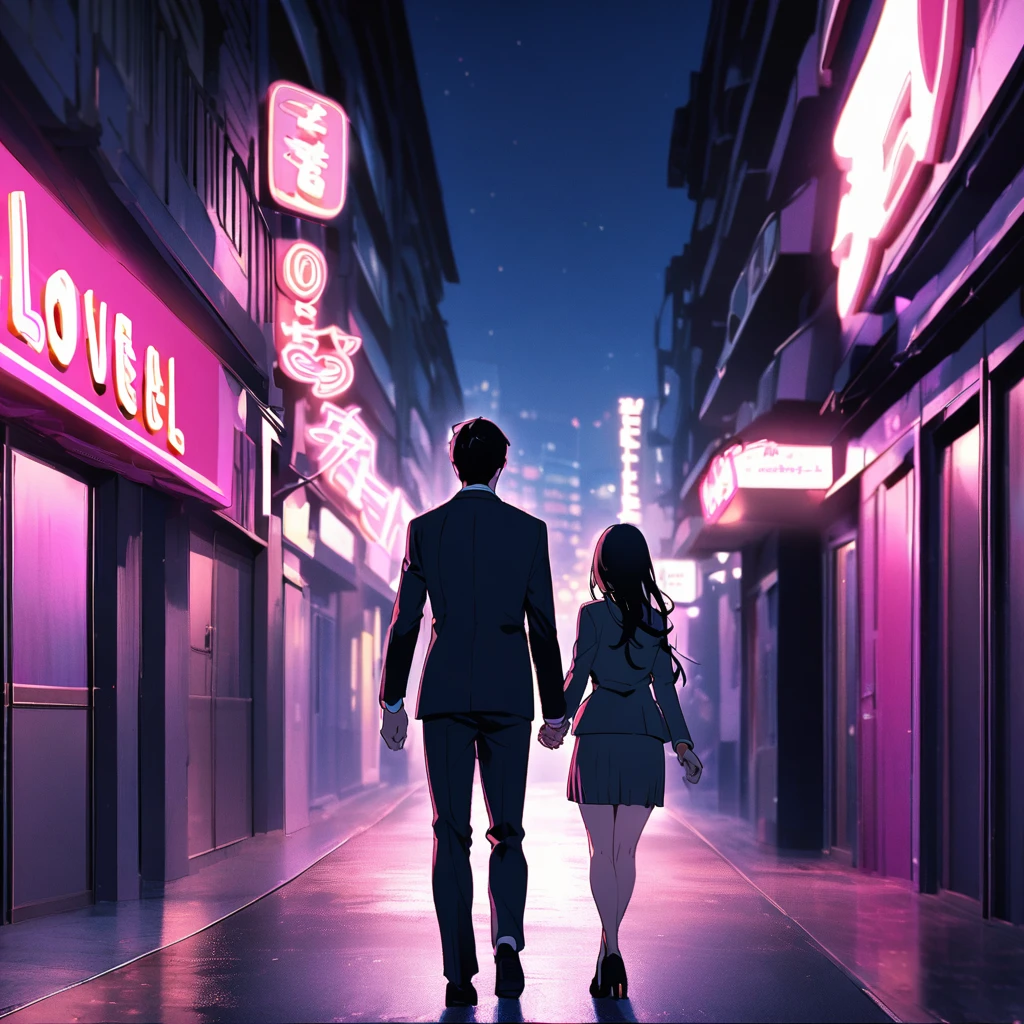 Back view of a couple in suits walking hand in hand through a love hotel district at night、The woman is wearing a skirt suit and has long, black hair.