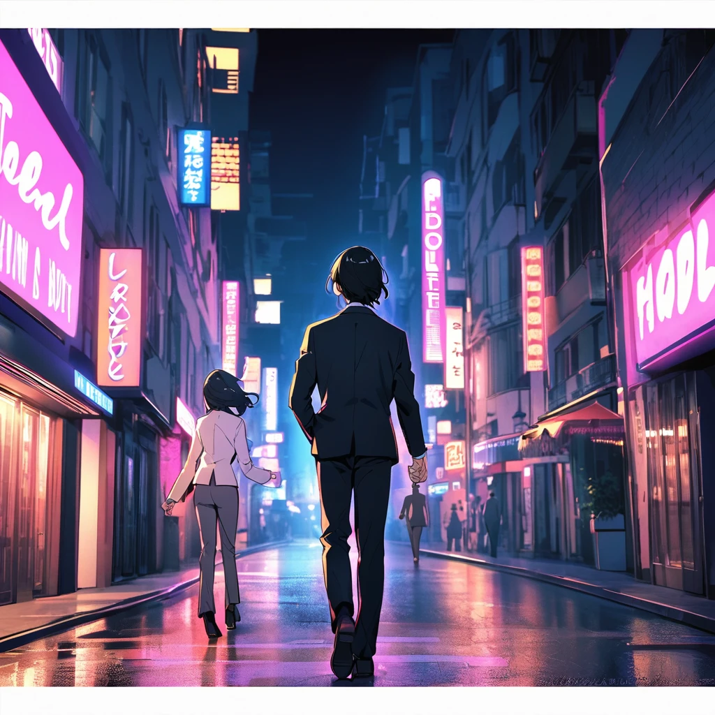 Back view of a couple in suits walking hand in hand through a love hotel district at night、The woman is wearing a skirt suit and has long, black hair.