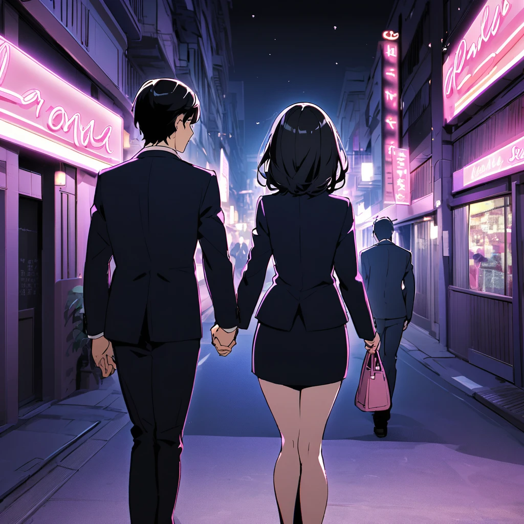 Back view of a couple in suits walking hand in hand through a love hotel district at night、The woman is wearing a skirt suit and has long, black hair.