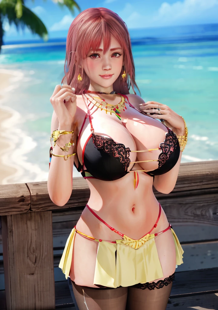 Honoka, Colorful bikini ，Super short pleated skirt, bracelet，ring, university student，Pink Hair，Huge breasts，Cleavage，Low-cut，miniskirt，pantyhose，cute，necklace，earrings，beach，drinks，lemon，Sunset，Lace，shy，Ice cream，orange juice，Tree，fruit，Red lips