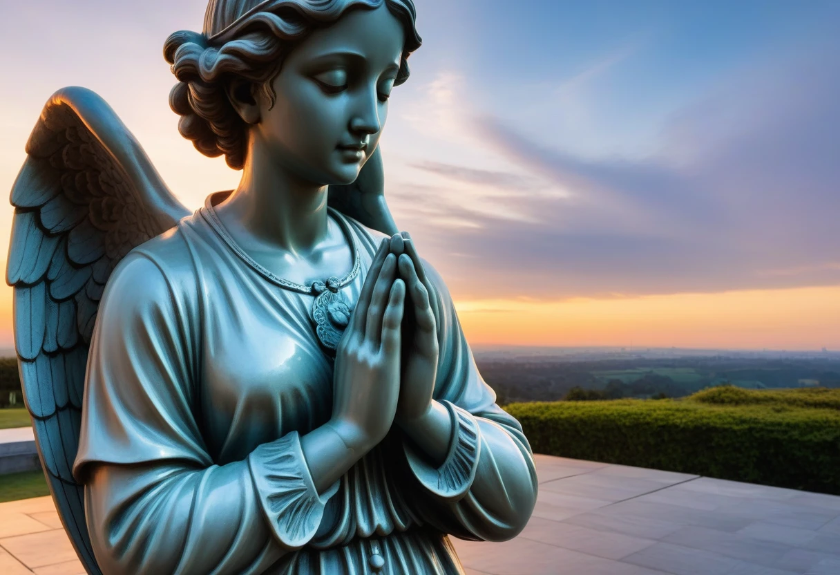 statue of praying angel, sunset