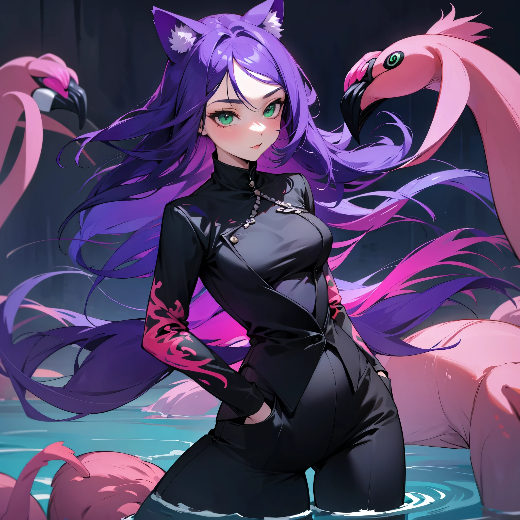woman in a black pantsuit stands in the water surronded by ((flamingos)), long purple hair, green eyes, cat ears, high image quality, detailed face
