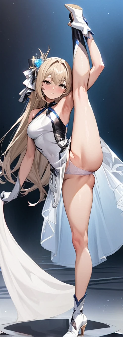 masterpiece, Highest quality, Very detailed, Ultra-high resolution, Idol Catalyst, One girl, alone, Hazel Eyes, hair ornaments, Short ash blonde hair, (Side Tail), A light smile, Glossy Lips, Sleeveless idol dress, Very puffy skirt, flare skirt, (See-through skirt:1.3), Pink thigh height, White heel boots, whole body, standing split，white panties，