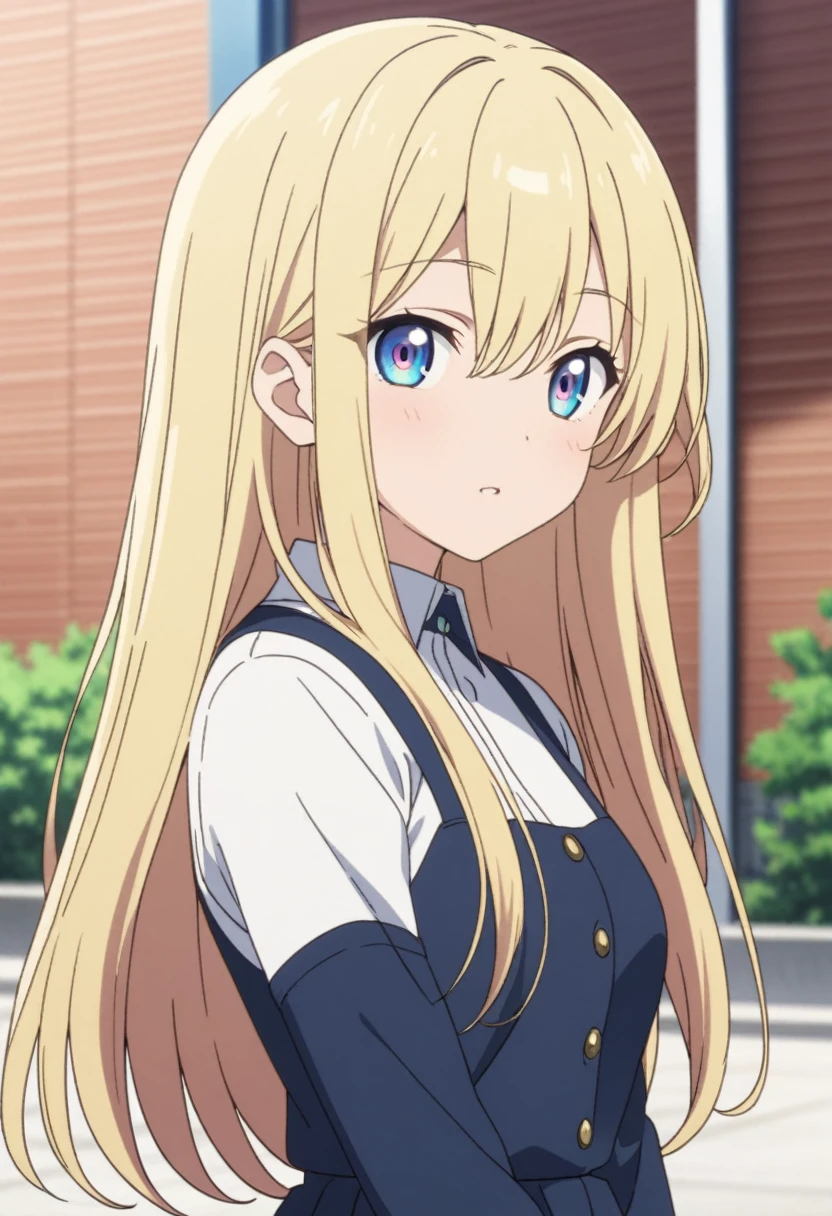 girl, anime, long hair with red and blue lines, pretty eyes, Blonde 