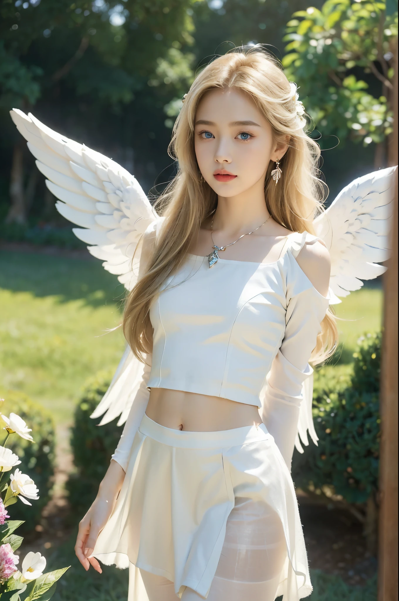 (((best quality))), (((ultra detailed))), (((masterpiece))), illustration,((1 beautiful  girl,solo,angel)),((fair skin,shoulder length straight blonde hair,blue eyes)),(earrings,crystal necklace),((slim,thin,small breasts,flat chest)),joyful expression,(white wings:1.3),(flowing short-sleeved white sheer dress:1.3),((In heaven, garden setting)), vibrant flowers,(colorful flowers:1.3),lush grass, gentle breeze, (clear sky, fluffy clouds, shining sun),((navel)),((from front,standing,upper body,arms behind back)),((pantyhose))