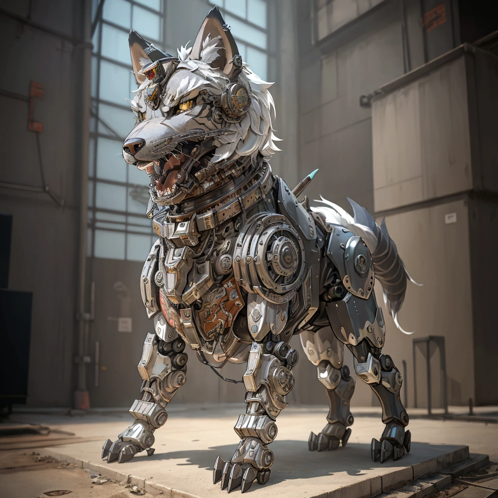 The building has a metal wolf statue on its base., Armored Catの仲間, husky in shiny armor, Armored Cat, Steampunk Wolf Cyborg Wolf, rendered in redshift, Steampunk ferret - a shaped mecha, Robot Lion, Industrial Machine Robot Wolf, Highly detailed rendering, Good Giant Mechanical Wolf, Detailed and complex rendering, Expressed in 3D rendering、Right facing、