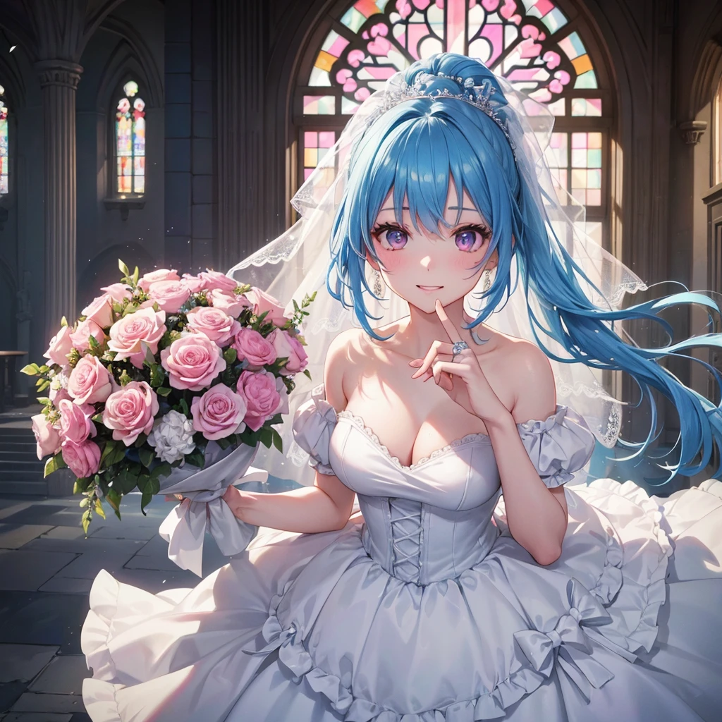 Sky blue hair, (One braided ponytail),(Pink Eyes),Fair skin ,(whole body),(One girl),bride,A big smile,Straight bangs, 6月のbride,Wedding dress,(masterpiece, Highest quality, Very detailed, Best Shadow), (Detailed Background), (Beautifully detailed face), High Contrast, (Best lighting, Very delicate and beautiful), ((Cinematic Light)), colorful, Hyper Detail, Dramatic Light, Intricate details,Chapel background,A bouquet of roses in the right hand,Ring on left ring finger,
