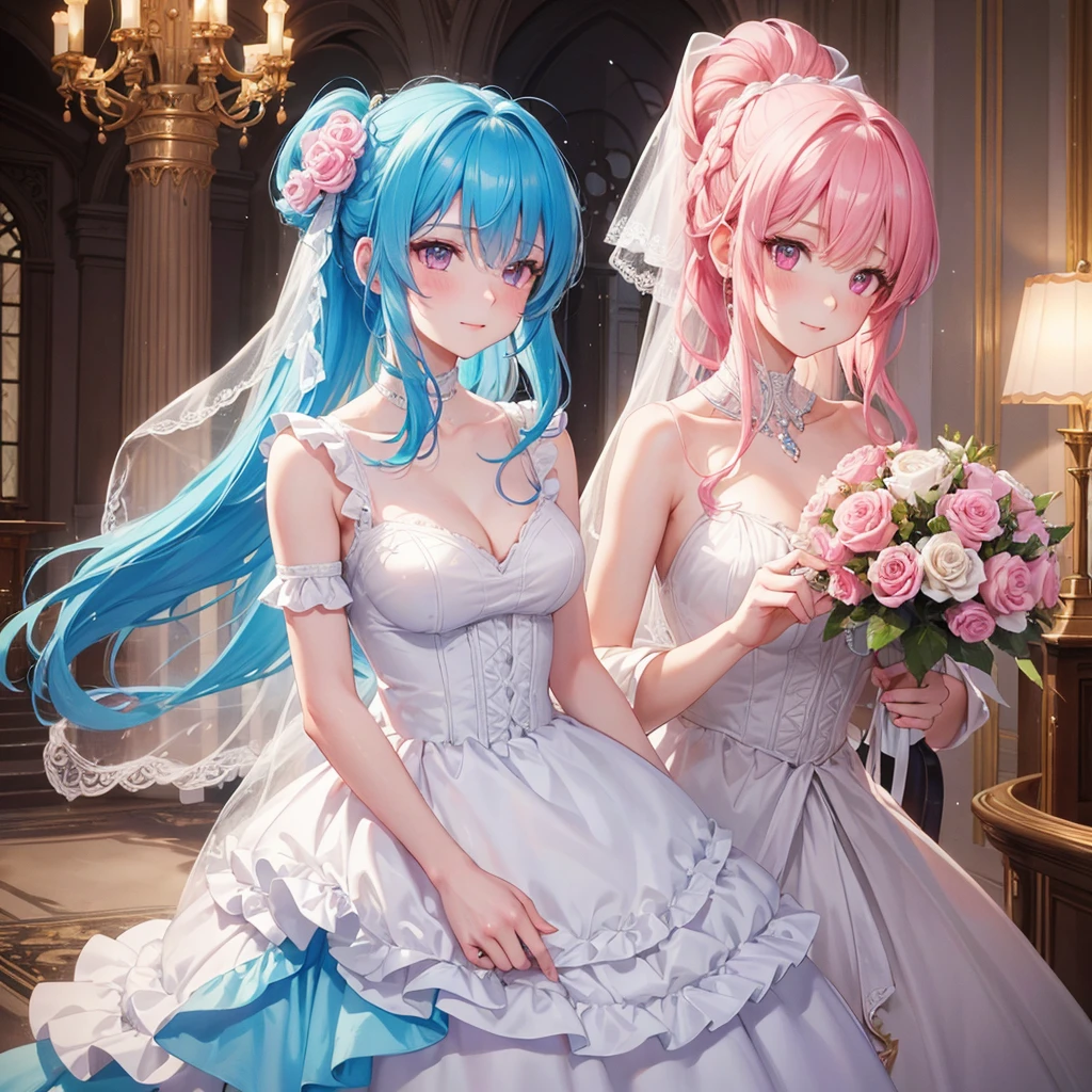Sky blue hair, (One braided ponytail),(Pink Eyes),Fair skin ,(whole body),(One girl),bride,A big smile,Straight bangs, 6月のbride,Wedding dress,(masterpiece, Highest quality, Very detailed, Best Shadow), (Detailed Background), (Beautifully detailed face), High Contrast, (Best lighting, Very delicate and beautiful), ((Cinematic Light)), colorful, Hyper Detail, Dramatic Light, Intricate details,Chapel background,A bouquet of roses in the right hand,Ring on left ring finger,