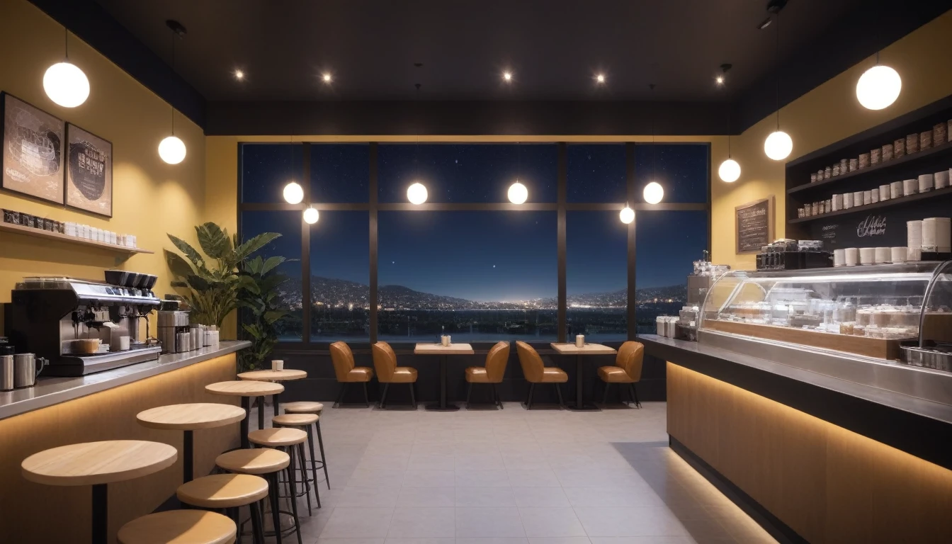 at night, frontal shot coffee shop interior, tables with coffee cups, and a big window in the center