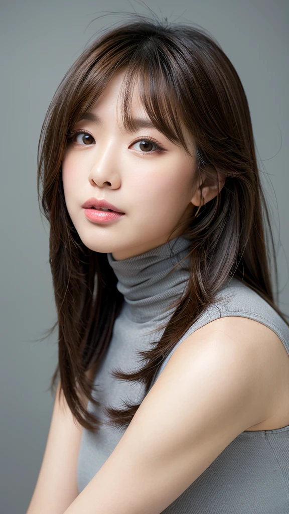 (Detailed face),((between legs)),chest,cute,Sleeveless and(turtleneck)White silky clothes,4K,Ultra-high resolution,(Photorealistic:1.7),Gray background,Long Hair,