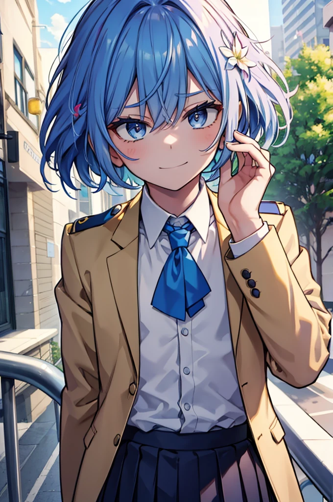 1.5, best quality, high quality, High definition, High quality texture, high detail, beautiful detailed, finely detailed, extremely detailed cg, detailed texture, 1man, boy, male, ((uniform)), school, undone blazer, skirt, blue hair, braided hair, smirking, confident, cocky, flat chest, androgynous, portrait, close up, girlish face