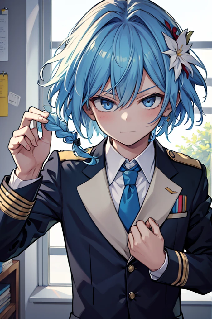 1.5, best quality, high quality, High definition, High quality texture, high detail, beautiful detailed, finely detailed, extremely detailed cg, detailed texture, 1man, boy, male, ((uniform)), school, undone blazer, skirt, blue hair, braided hair, smirking, confident, cocky, flat chest, androgynous, portrait, close up, girlish face