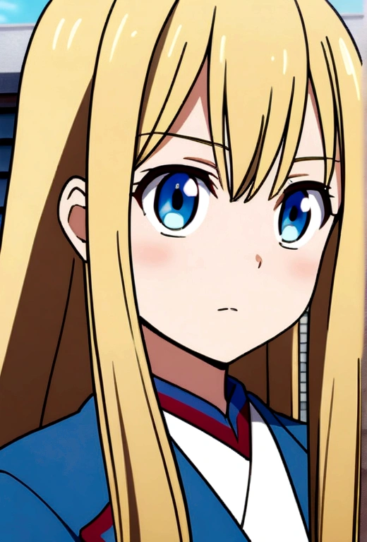 girl, anime, long hair with red and blue lines, pretty eyes, Blonde