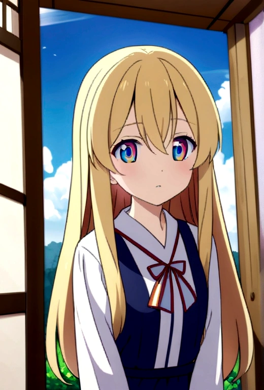 girl, anime, long hair with red and blue lines, pretty eyes, Blonde