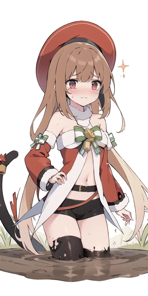 Equipment-TMP, 1 Girl, Solitary, long hair, Tail, crying, Bangs,Red Sleeves,hat,
closure_mouth from,
Equipment-TMP, Bare shoulders,
stripe_hair,
masterpiece, the best_quality, clear deTails,1 Girl
(In the wild)Stuck in the quagmire,struggle,Brown mud,Staring helplessly